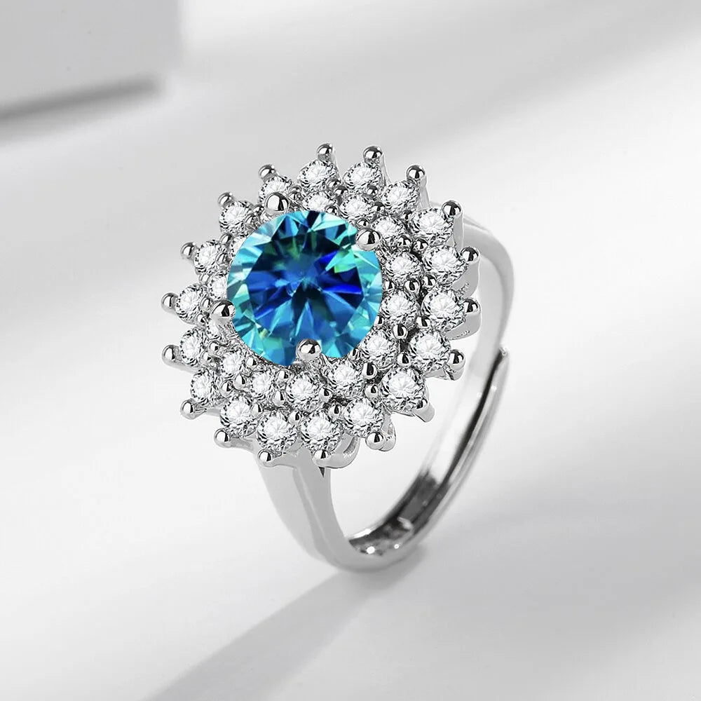 925 Sterling Silver Ring Two Carat Zirconia Ring Multi-color Optional Women's Open Ring Fashion Simple Birthday Jewelry Gift - Zenflow Active