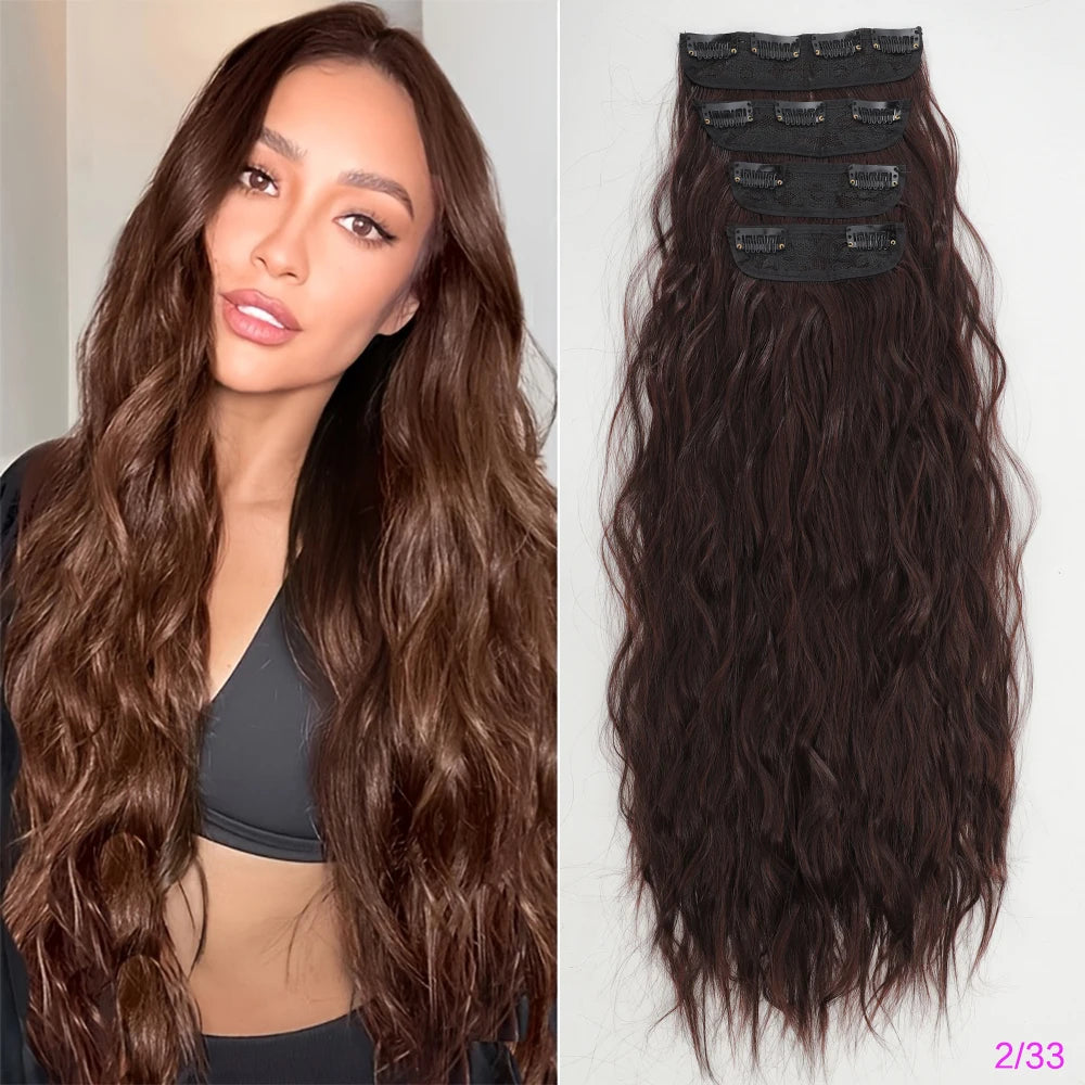 Set of 4 Clip-In Hair Extensions in a Brown-Blonde Shade, 60.96 cm Long, Featuring Wavy And Curly Synthetic Hair - Zenflow Active