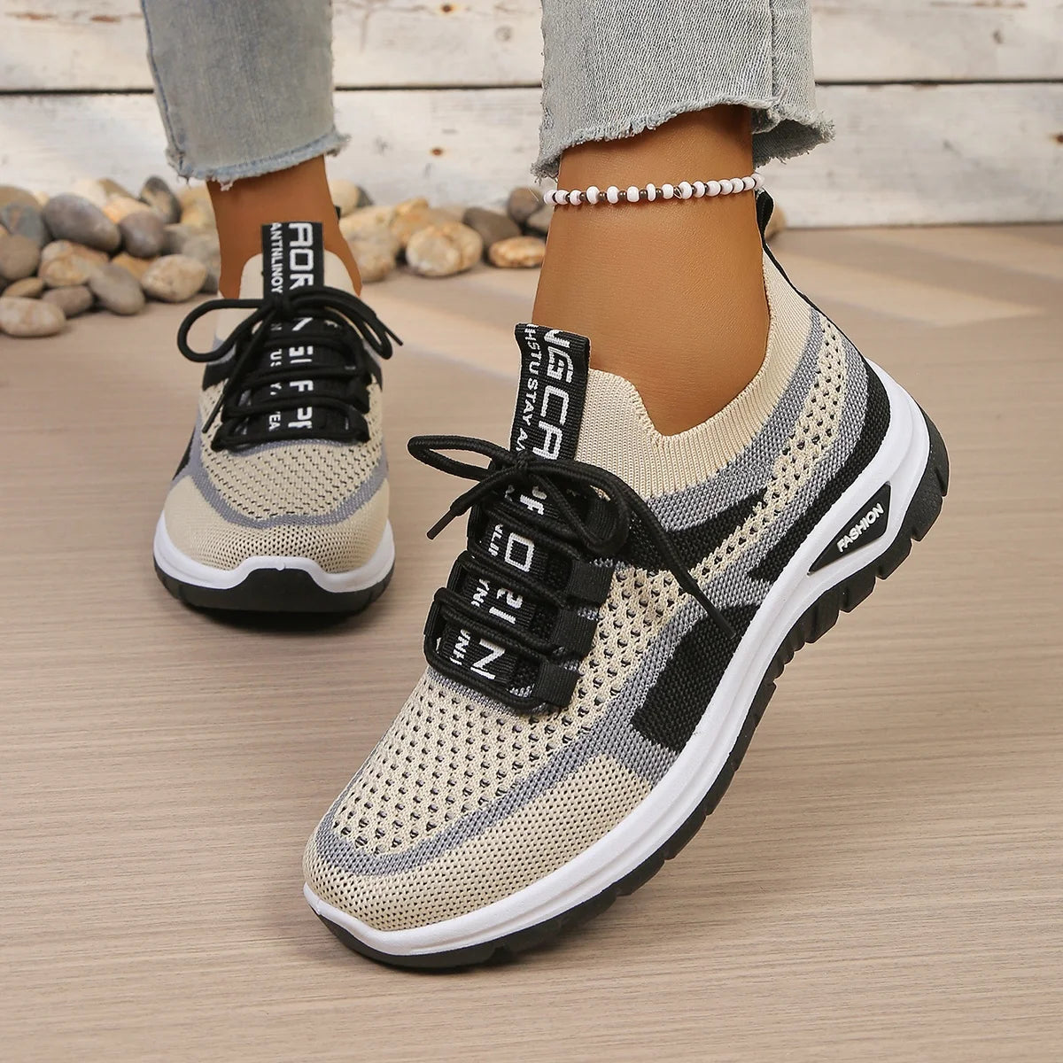 Women's Two-Tone Canvas Lace-Up Trainers — Patchwork, Low Heel, Breathable, Casual - Zenflow Active