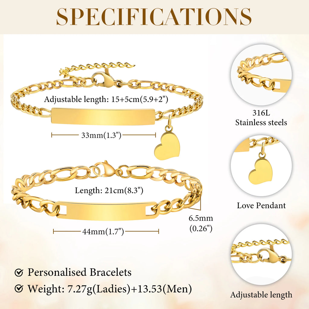 Free Personalized Custom Heart Bracelets for Women Men, Engraving Name Date ID Couple Bracelet for Lover, Valentine's Day Gift - Zenflow Active