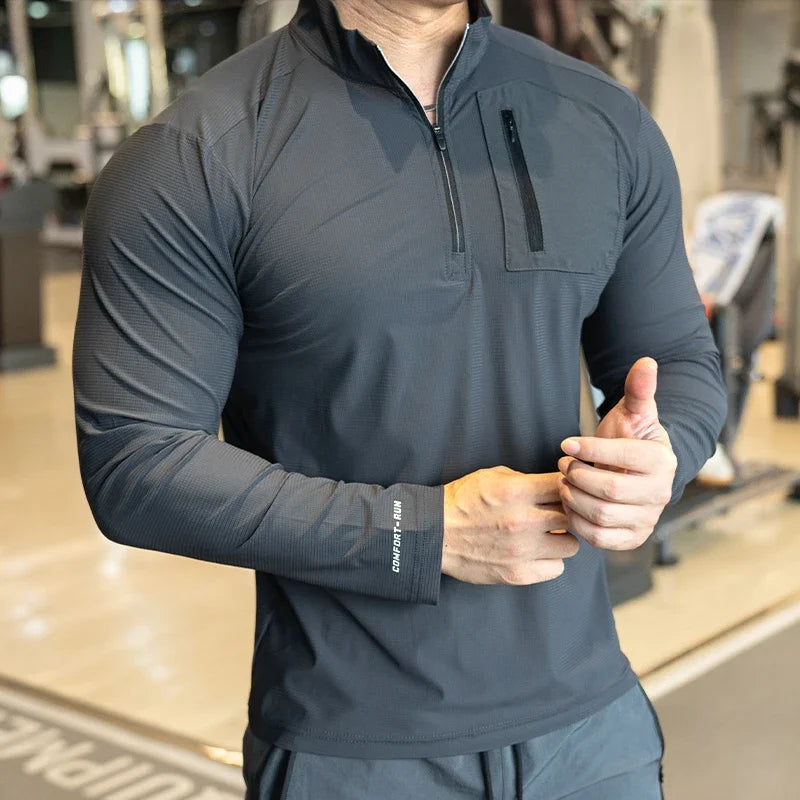 Men's Long Sleeve Half-Zip Compression Top | Gym Running Shirt with Pockets - Zenflow Active