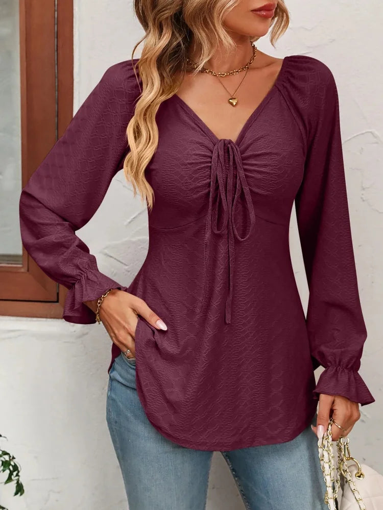 Women's V-Neck Drawstring Waist Long Sleeve Blouse - Zenflow Active