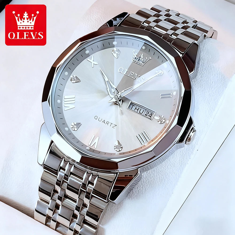 OLEVS 9931 Men's Quartz Watch — Rhombus Bezel, Roman Numeral, Date & Week, Luminous - Zenflow Active