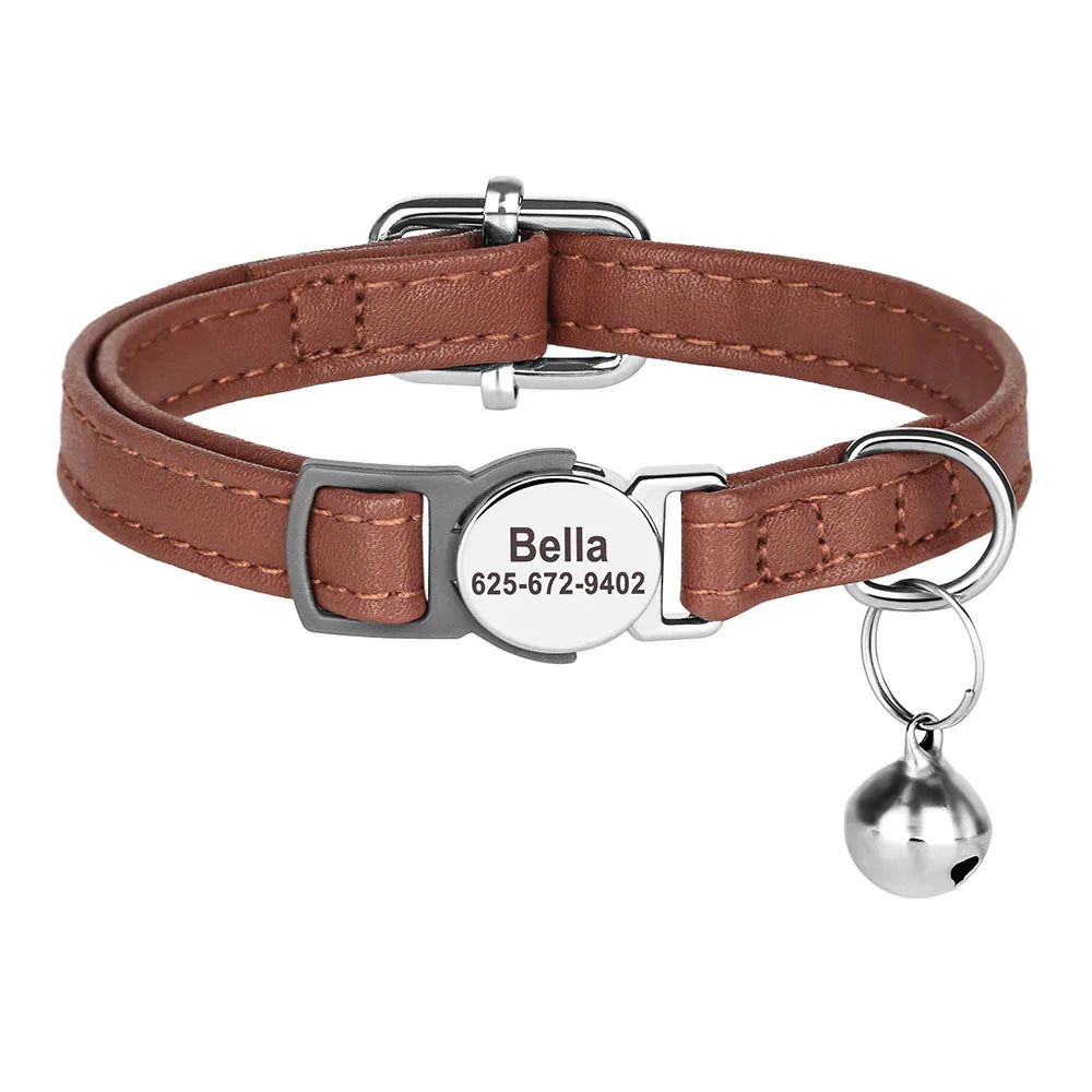 Personalised Cat Collar | PU Leather with Engraved ID Nameplate & Bell - Zenflow Active