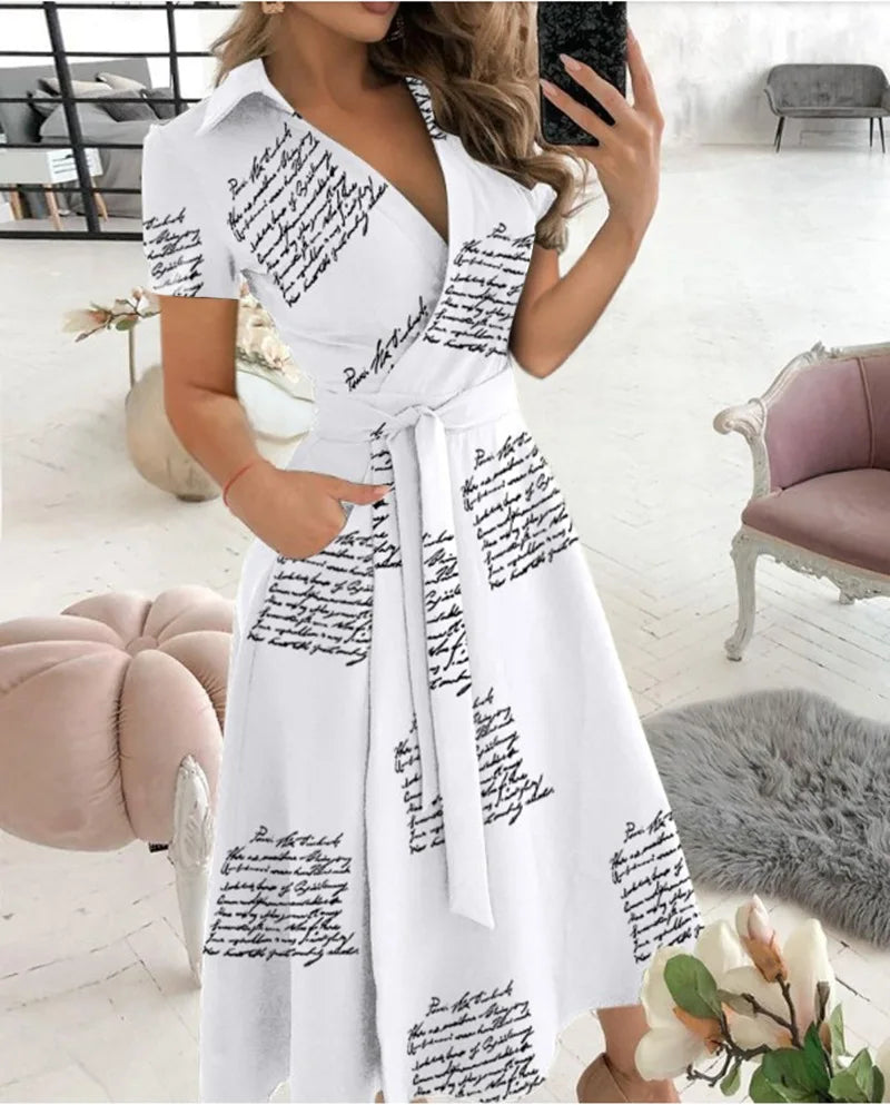 Printed V-Neck A-Line Midi Shirt Dress Zenflow Active