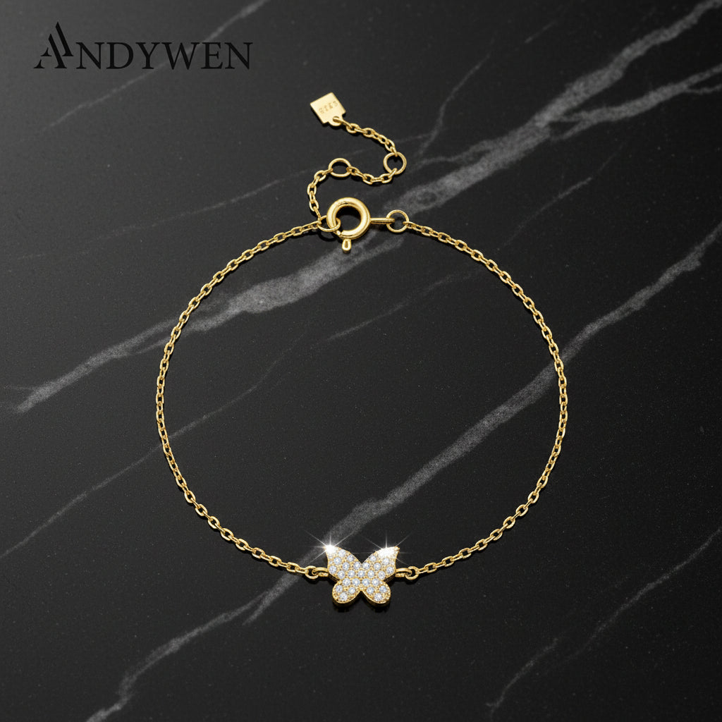 ANDYWEN Women 925 Sterling Silver Clear Zircon Butterfly Chain Bracelet Graceful Luxury Fine - Zenflow Active