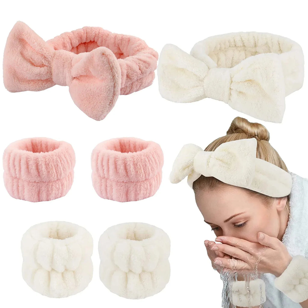 Bow Headband & Wristband Set | Soft Coral Fleece Hair Band for Washing, Yoga & Skincare - Zenflow Active