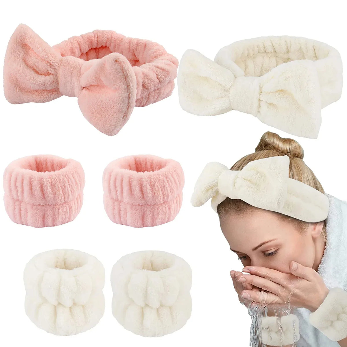 Bow Headband & Wristband Set | Soft Coral Fleece Hair Band for Washing, Yoga & Skincare - Zenflow Active