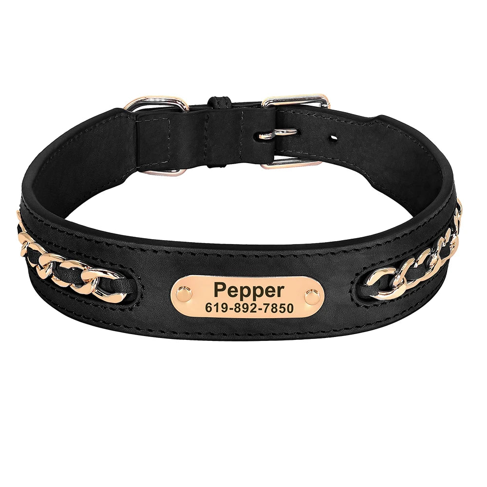 Personalised Leather Dog Collar | Custom Engraved Name & ID with Chain Accessories - Zenflow Active