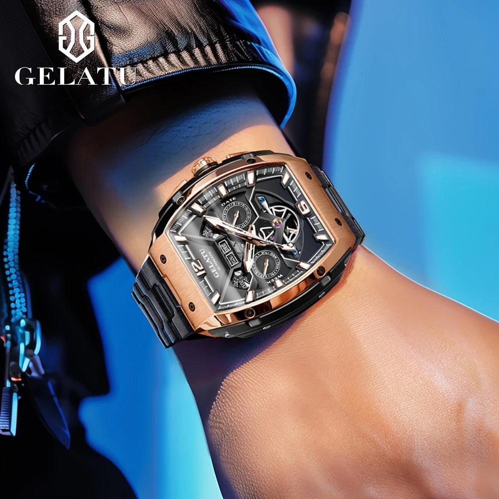GELATU Top Brand Luxury Rose Black Skeleton Tourbillon Automatic Mechanical Watch for Men - Zenflow Active