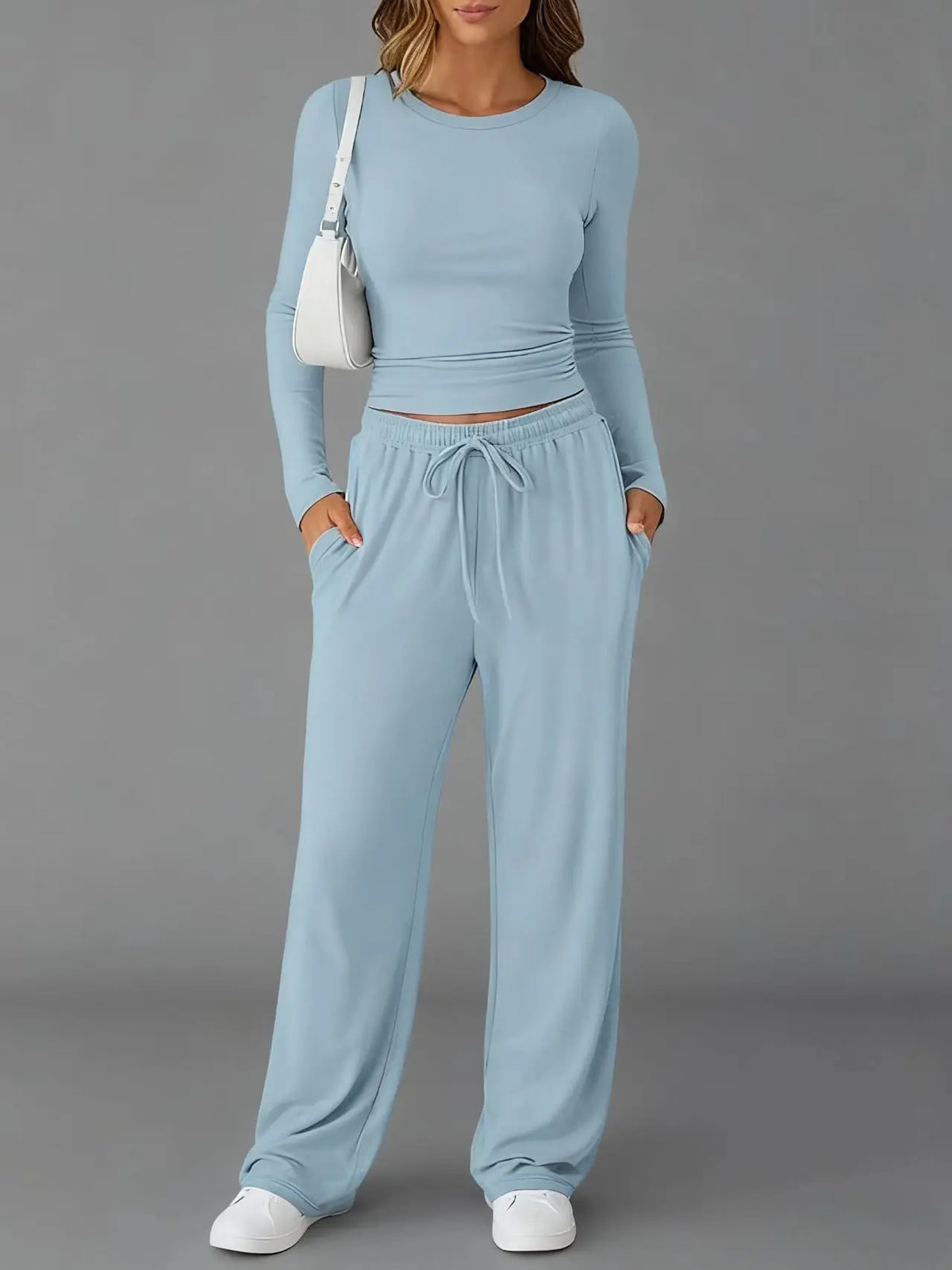 Women's Casual Drawstring Top & Wide-Leg Trouser Set - Zenflow Active