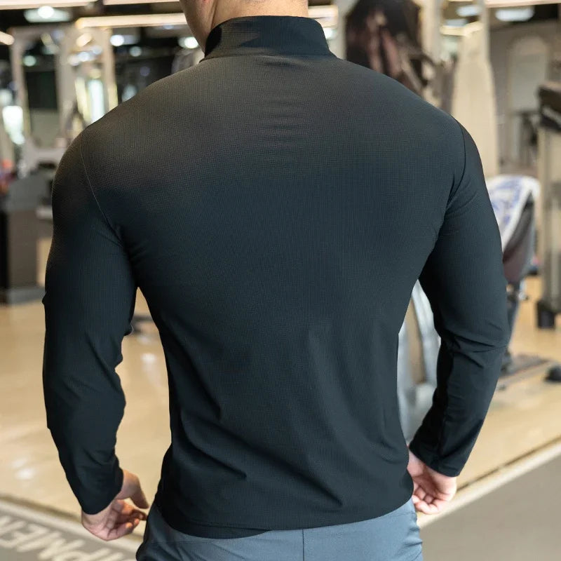 Men's Long Sleeve Half-Zip Compression Top | Gym Running Shirt with Pockets - Zenflow Active