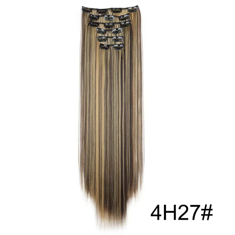 16 Clips in Hair Extensions 24Inchs Long Straight Hairstyle Synthetic Blonde Black Hairpieces Heat Resistant Fake Hair 6Pcs/Set - Zenflow Active