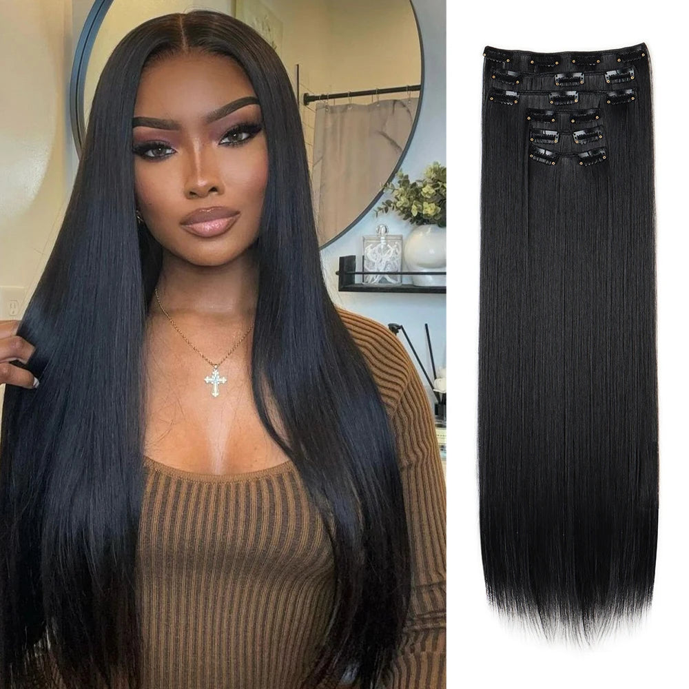 Hair Extensions 24"/60cm 6pcs/set Women Long Straight Synthetic Full Head Clip 16 Clips Ombre Heat Resistant Fiber Hair - Zenflow Active