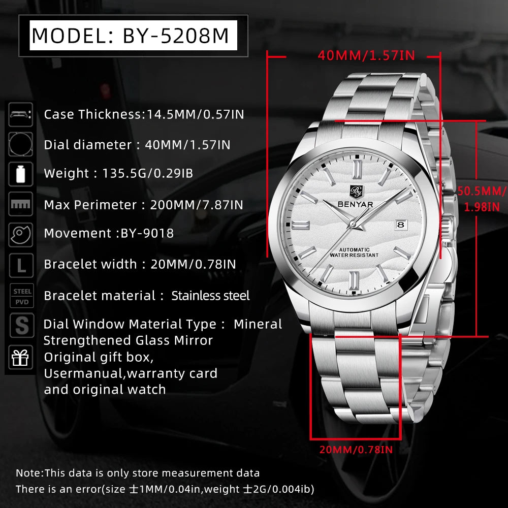 Benyar BY-5208 Automatic Mechanical Watch | 40mm | 50m Water Resistant - Zenflow Active