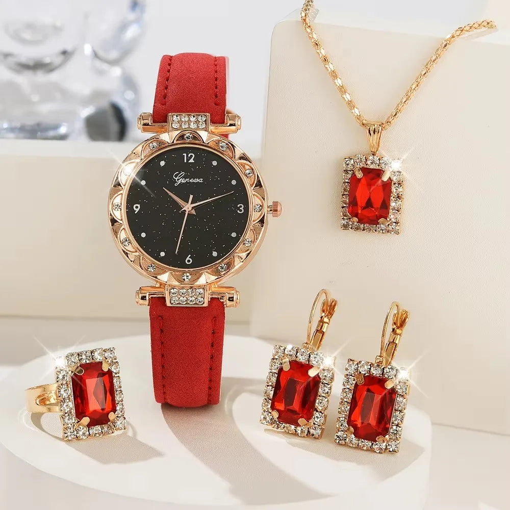 Womens Watches 5Pcs Set Luxury Rhinestone Women Fashion Elegant Wristwatch Quartz Watch For Girl WristWatch Bracelet Gift - Zenflow Active