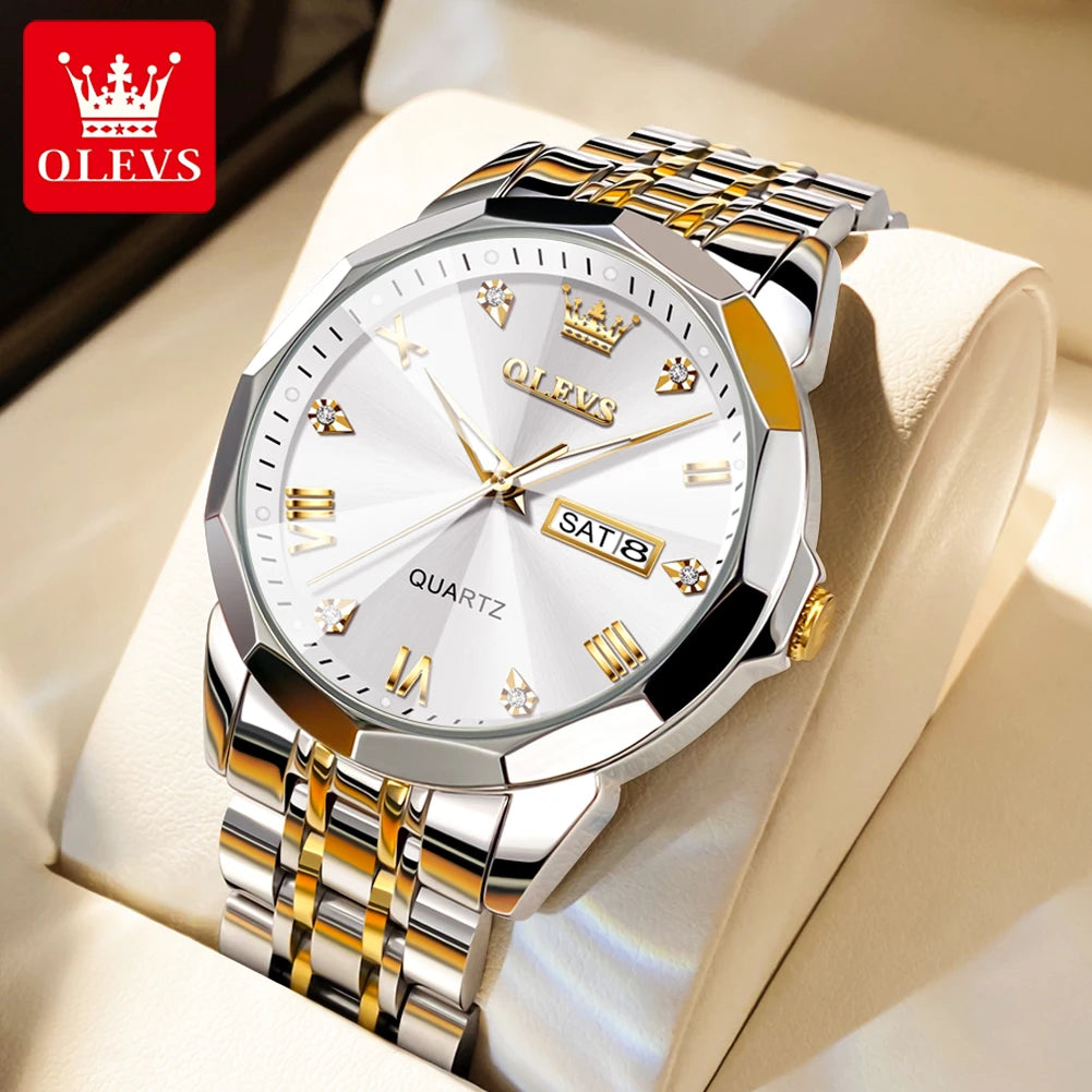 OLEVS 9931 Men's Quartz Watch — Rhombus Bezel, Roman Numeral, Date & Week, Luminous - Zenflow Active