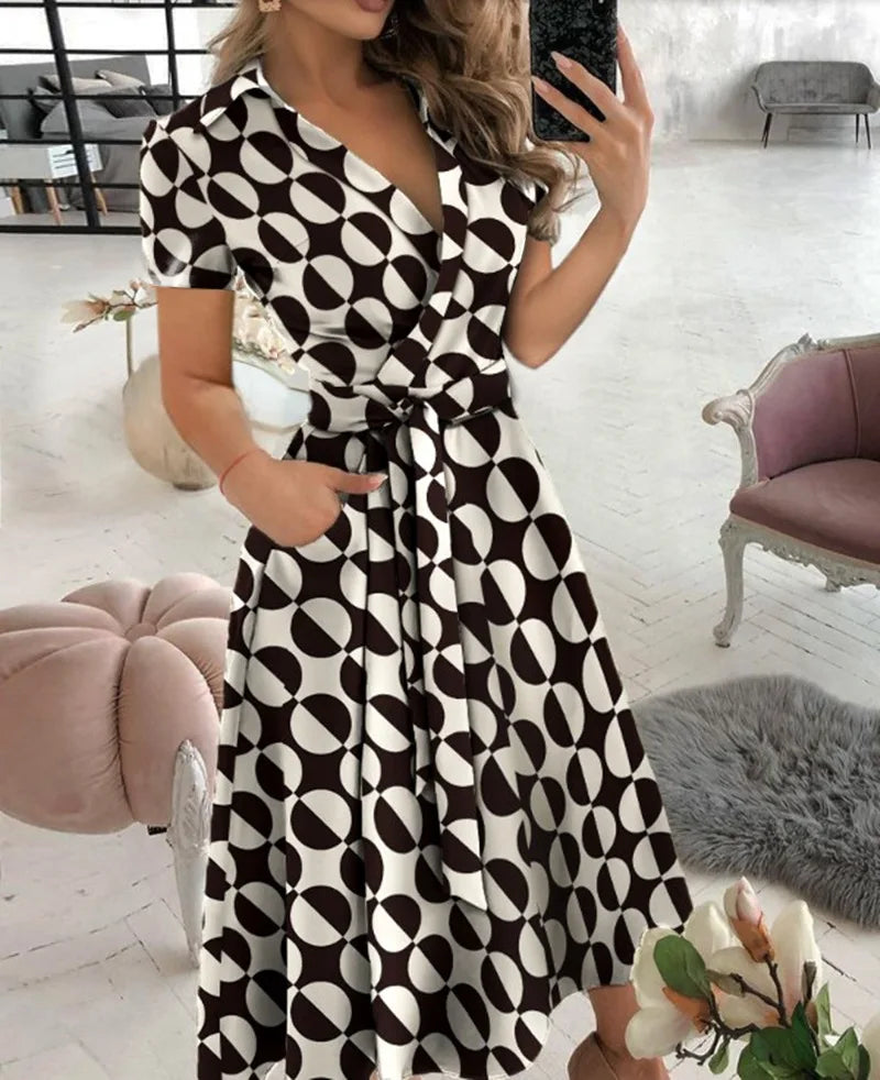 Printed V-Neck A-Line Midi Shirt Dress Zenflow Active