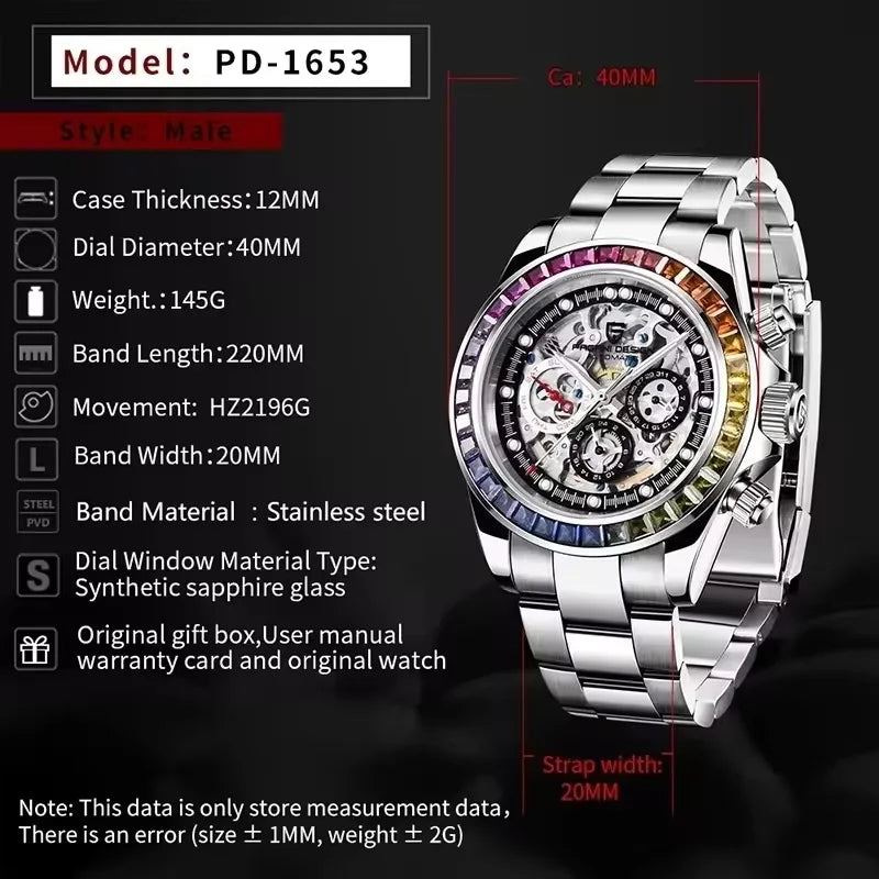 Pagani Design Gemstone Bezel Skeleton Automatic Watch | Sapphire Crystal | 100m Water Resistant - Zenflow Active