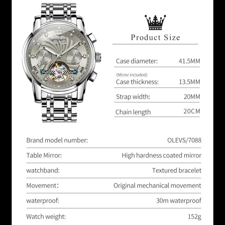 OLEVS 7088 Skeleton Automatic Watch | Tourbillon Display | Luminous - Zenflow Active