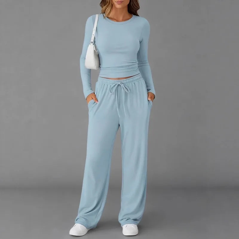 Women's Casual Drawstring Top & Wide-Leg Trouser Set - Zenflow Active
