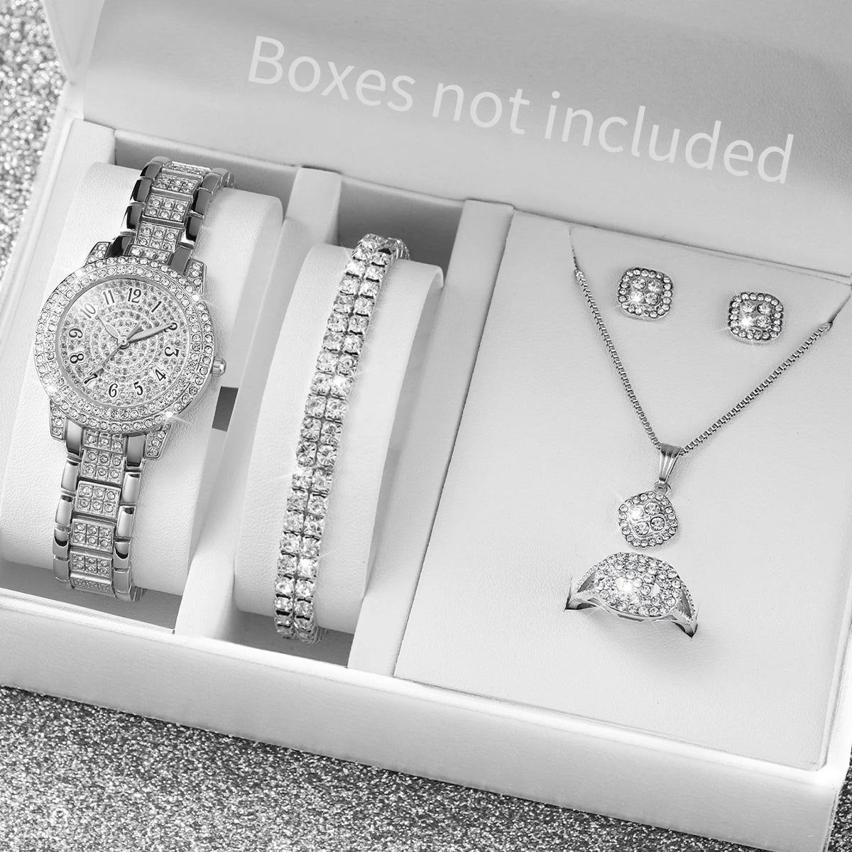 6PCS Fashion Full Diamond Women's Watch Gold Steel Band Analog Quartz Watches Jewellery Set Without Box - Zenflow Active