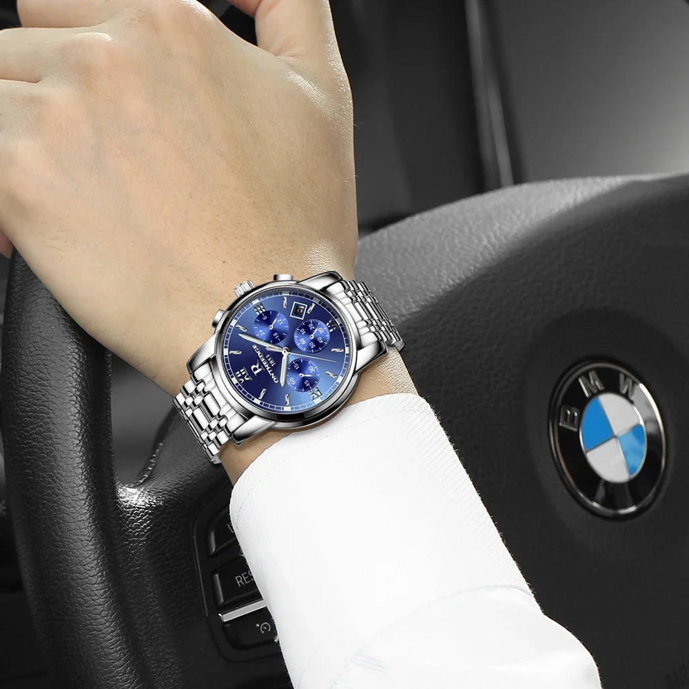 Men's Watch Business Quartz, All Steel Blue Face, Waterproof Chronograph Relogio Masculino - Zenflow Active