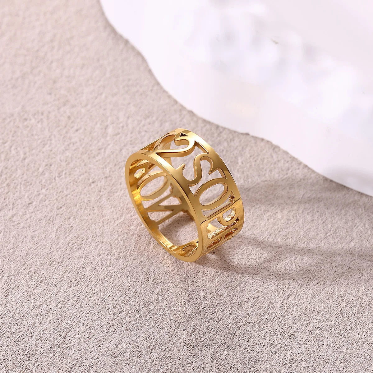 Custom Broad Surface Name Heart Rings Women Unisex Gold Colour Personalization 6-10 Size Wedding Bride Jewellery Stainless Steel - Zenflow Active