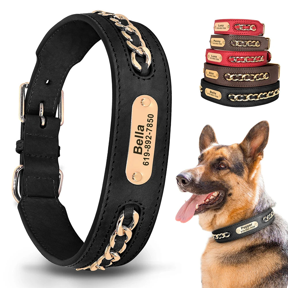 Personalised Leather Dog Collar | Custom Engraved Name & ID with Chain Accessories - Zenflow Active
