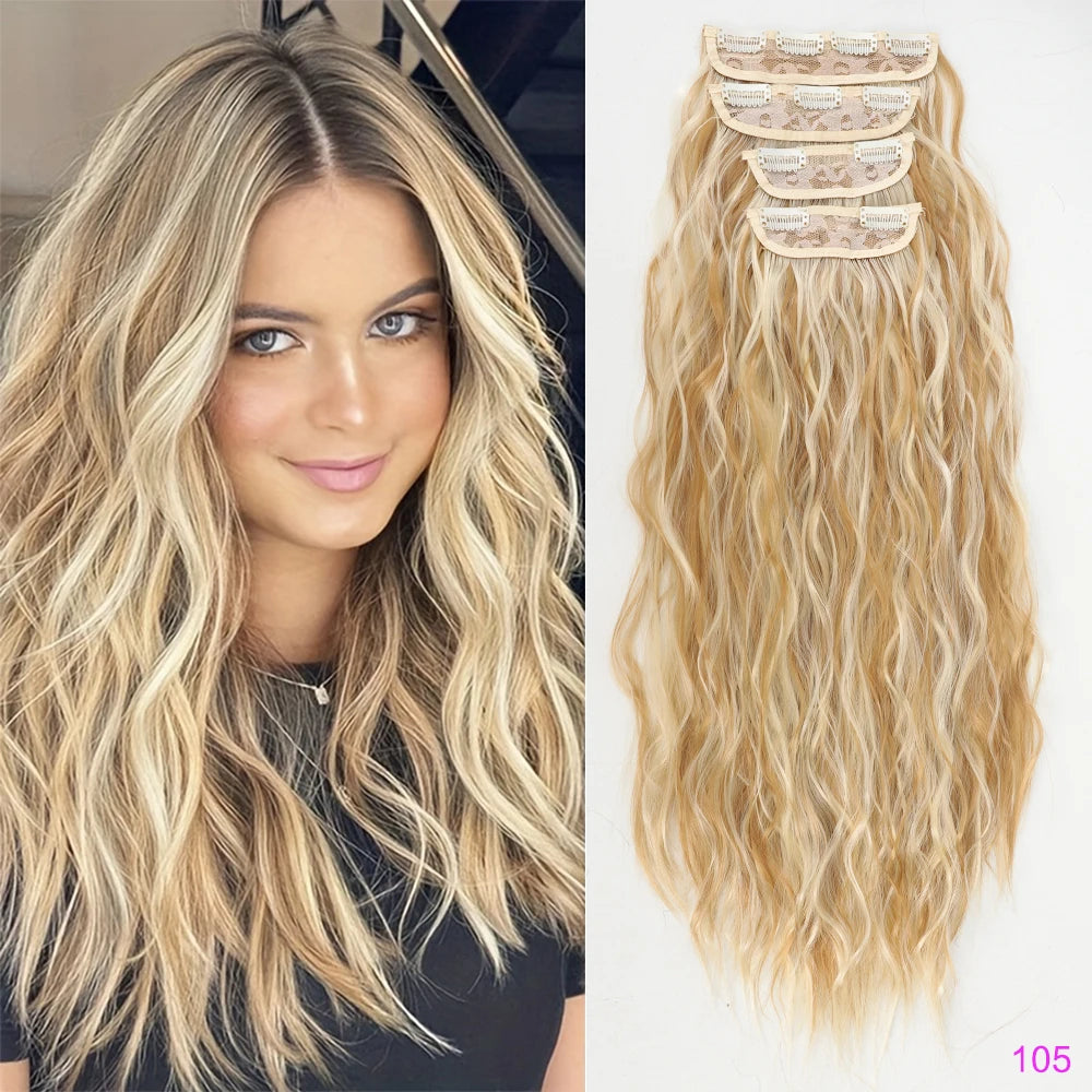 Set of 4 Clip-In Hair Extensions in a Brown-Blonde Shade, 60.96 cm Long, Featuring Wavy And Curly Synthetic Hair - Zenflow Active
