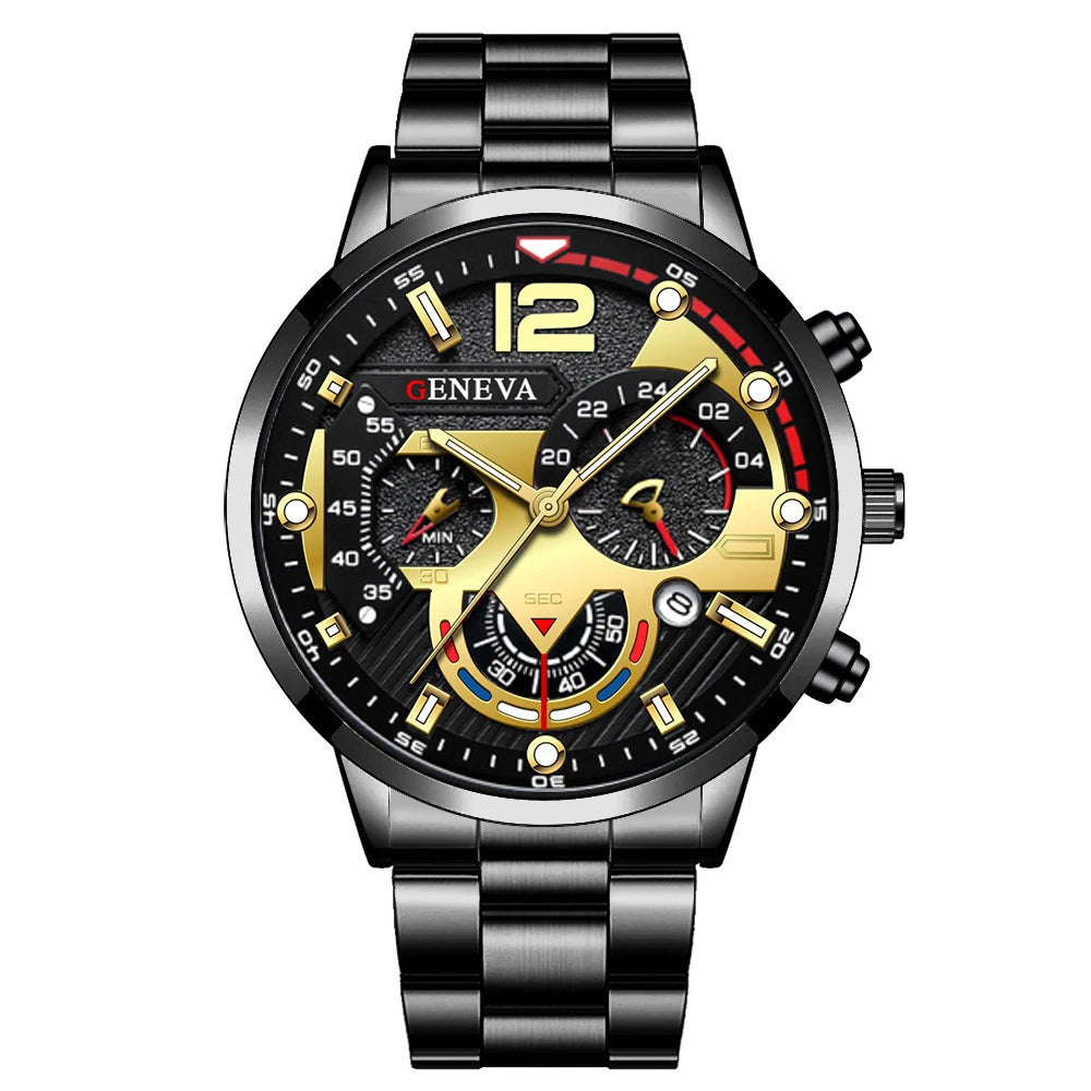 Men's Watch Stainless Steel Band Analog Quartz Wristwatch with Calendar - Zenflow Active