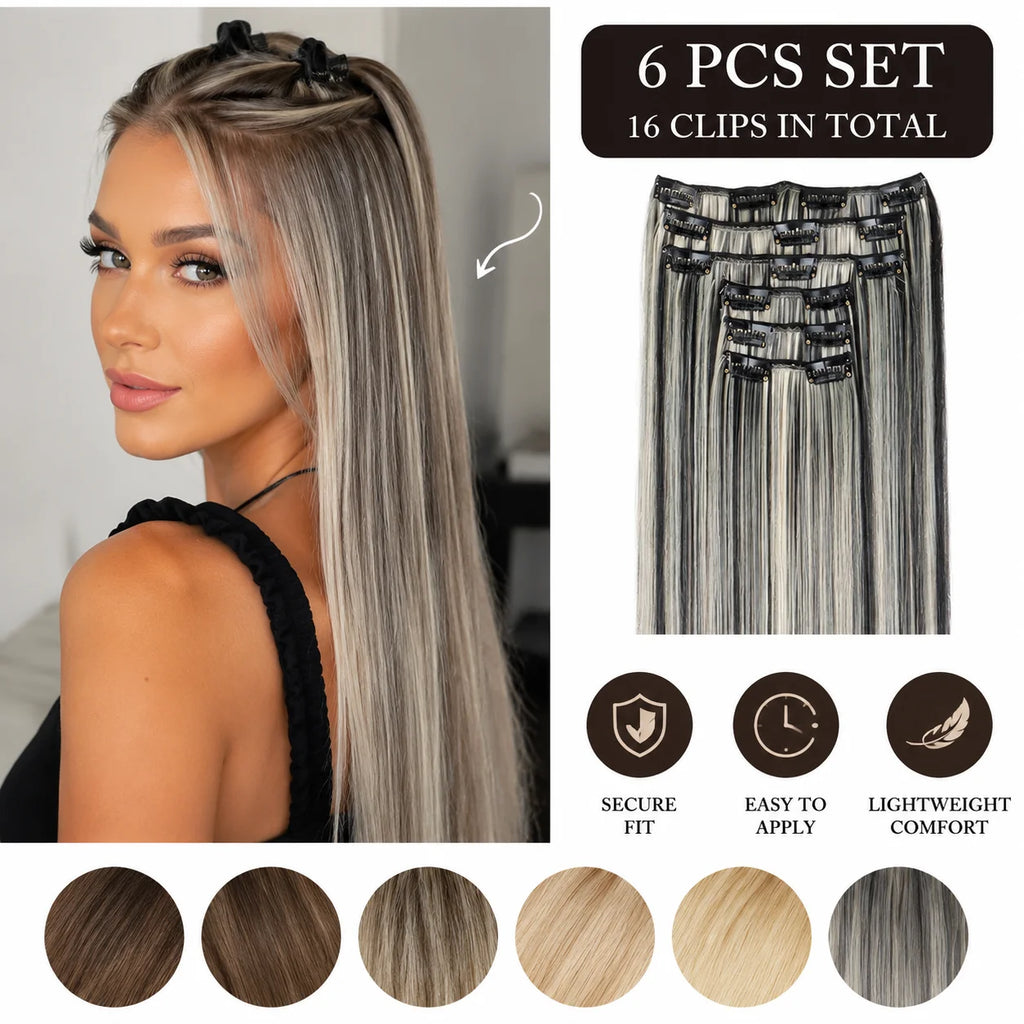 16 Clips in Hair Extensions 24Inchs Long Straight Hairstyle Synthetic Blonde Black Hairpieces Heat Resistant Fake Hair 6Pcs/Set - Zenflow Active