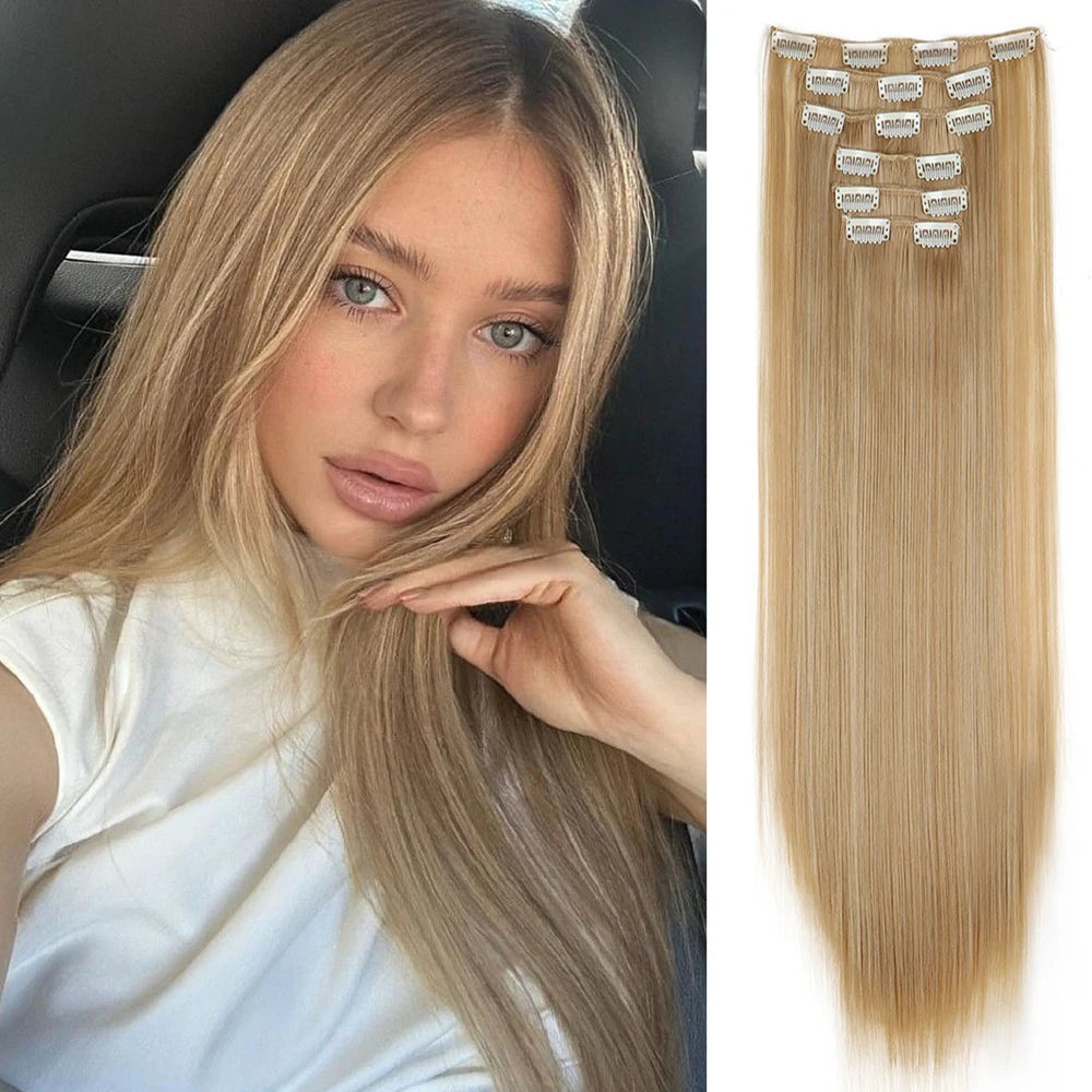 Hair Extensions 24"/60cm 6pcs/set Women Long Straight Synthetic Full Head Clip 16 Clips Ombre Heat Resistant Fiber Hair - Zenflow Active