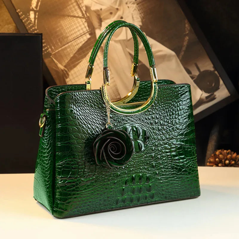 Genuine Leather Women's Handbags Crocodile Pattern Lady Flower Tassel Shoulder Bag - Zenflow Active