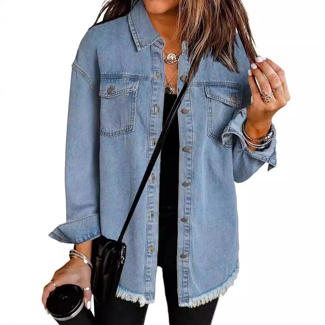 Women’s Distressed-Hem Long Denim Shirt Jacket Zenflow Active