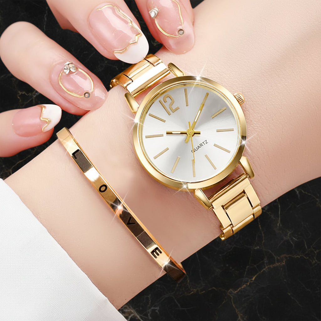 2PCS Women's Watch Fashion Gold Steel Band Quartz Wristwatch Opening Cuff Bracelet Set - Zenflow Active