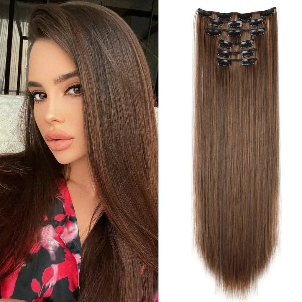 Black Hair Extensions 24"/60cm 6pcs/set Women Long Straight Synthetic Full Head Clip 16 Clips Ombre Heat Resistant Fiber Hair - Zenflow Active