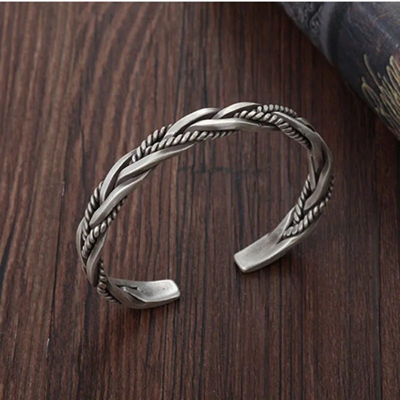 Hot Charms 925 Sterling Silver Twisted Woven Bracelet Jewellery Fashion Retro Original Handmade Opening Bangle Gifts - Zenflow Active