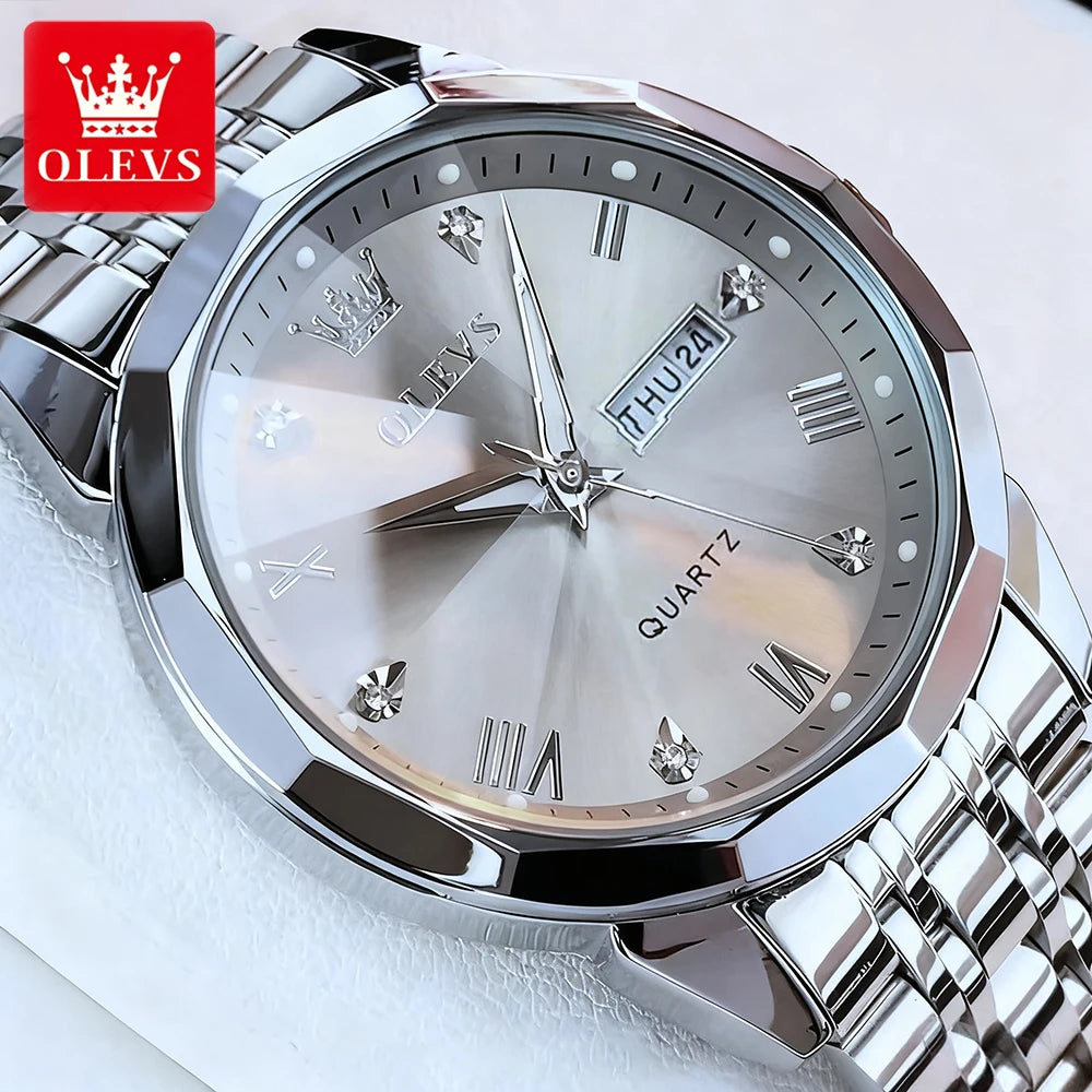 OLEVS 9931 Men's Quartz Watch — Rhombus Bezel, Roman Numeral, Date & Week, Luminous - Zenflow Active