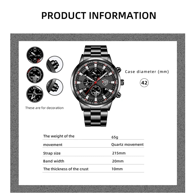 Men's Watch Black Stainless Steel Quartz Wristwatch - Zenflow Active