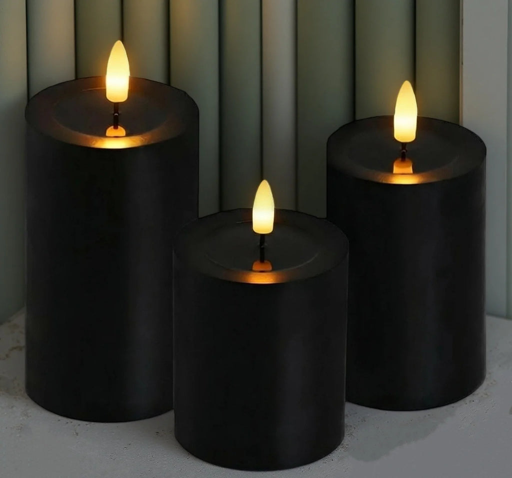 Black Flameless Pillar Candles Remote Controlled Flickering LED Paraffin Wax Candle Battery Operated Window Table Lighting Decor - Zenflow Active