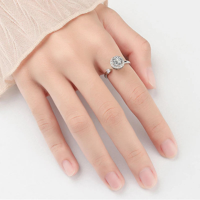 New 925 Silver Rotatable Round AAA Zircon Adjustable Rings Women Fine Jewelry Gift Fashion Rhinestone Circle Open Finger Ring - Zenflow Active