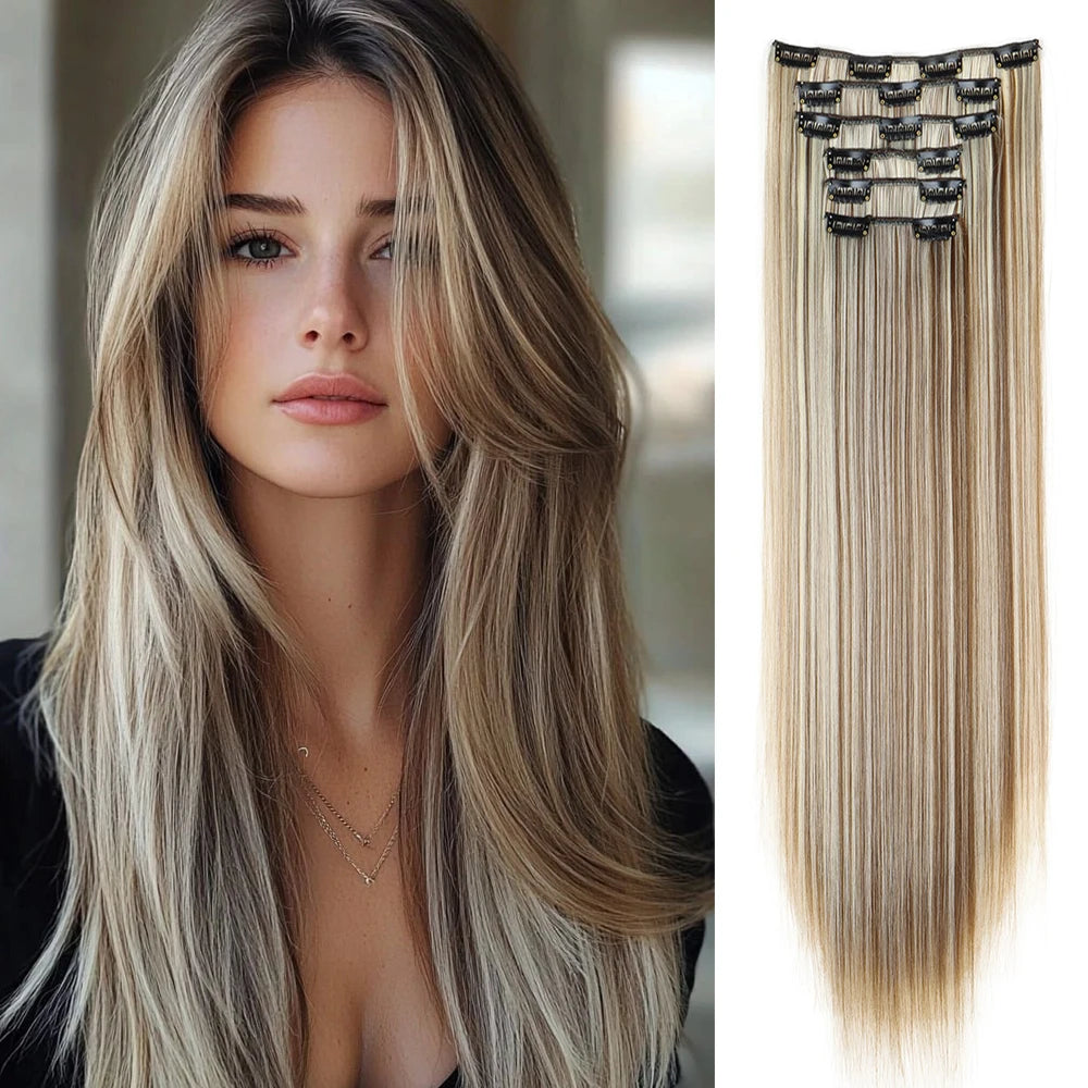 Hair Extensions 24"/60cm 6pcs/set Women Long Straight Synthetic Full Head Clip 16 Clips Ombre Heat Resistant Fiber Hair - Zenflow Active