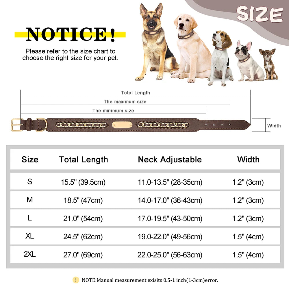 Personalised Leather Dog Collar | Custom Engraved Name & ID with Chain Accessories - Zenflow Active