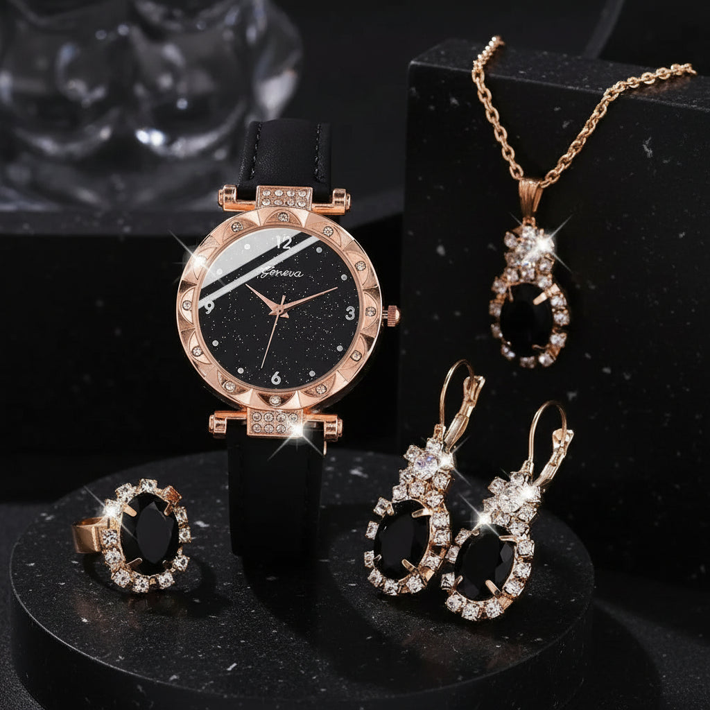 Jewelry set with black watch, earrings, and necklace on a white surface