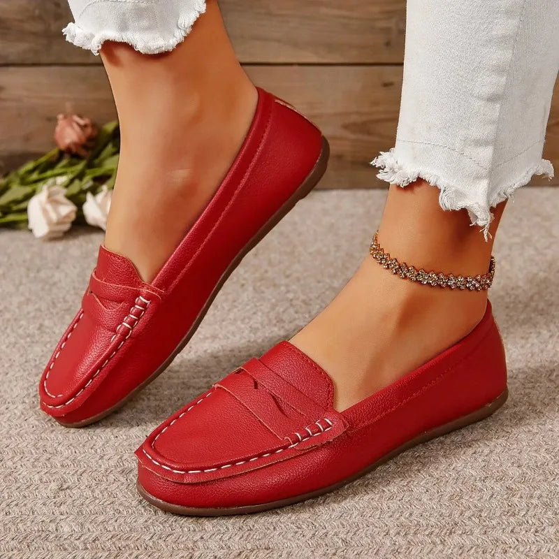 Women's PU Leather Slip-On Loafers — Round Toe, Flat Moccasin, Casual Everyday Shoe - Zenflow Active