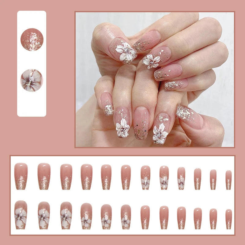 Nude Pink Floral Press-On Nails – Square Ballet Shape with Glitter | 24-Piece Set - Zenflow Active