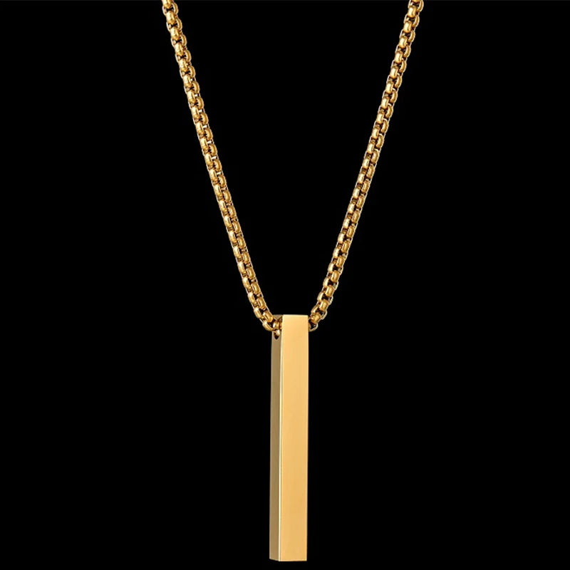 Engrave 4 Sides Name Date Custom Stainless Steel Thick Chain Necklaces for men Personalized Square Bar Pendant Jewellery - Zenflow Active