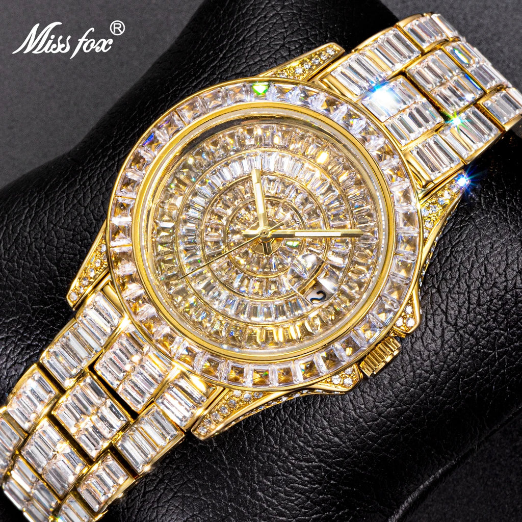 MISSFOX Iced Out Men's Watch — Handmade Mosaic Diamond, Quartz, Auto Date - Zenflow Active