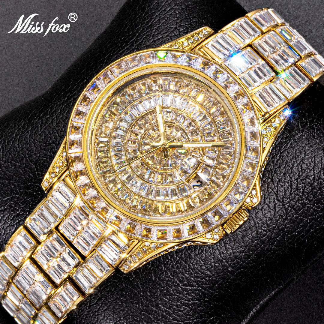 MISSFOX Iced Out Men's Watch — Handmade Mosaic Diamond, Quartz, Auto Date - Zenflow Active
